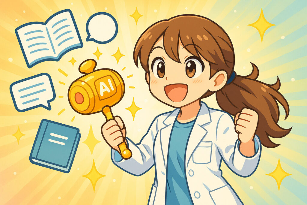 白衣の女性研究員が黄金の小槌を掲げ、AI活用による記事化とブログ復活の可能性を象徴するアニメ風イラスト