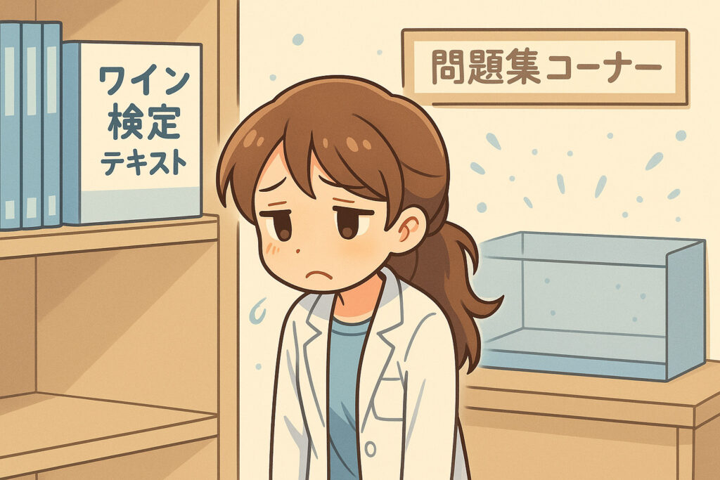 ワイン検定テキストは本棚に並ぶが問題集コーナーは空っぽ。記事化できず悩む女性研究員が肩を落とすブログ復活ストーリーのイラスト