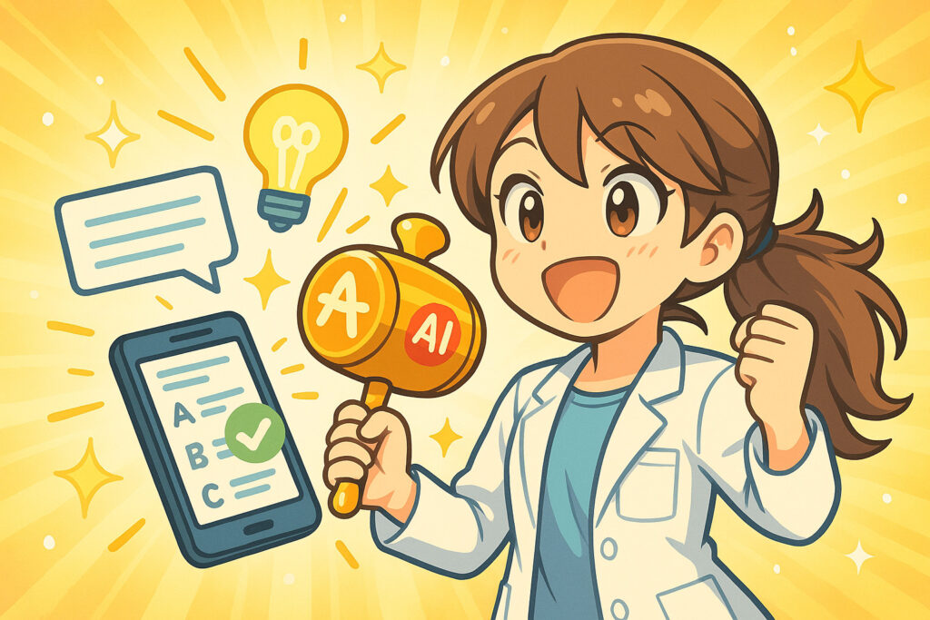 AI活用でスマホにクイズが生成される瞬間。女性研究員が黄金の小槌を振り上げ、記事化の可能性が広がる様子を描いたイラスト