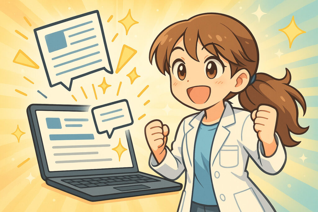 AIによってブログ記事の見出しや本文が飛び出し、記事化に成功。女性研究員がガッツポーズで喜ぶ、ブログ復活を象徴するイラスト