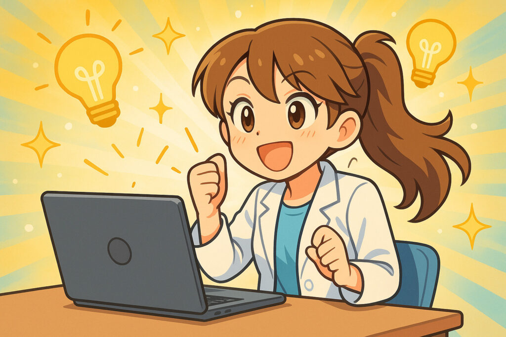 ノートPCの前でひらめいた女性研究員。AI活用で記事化の切り口が広がり、ブログ改善と復活の可能性を表すイラスト