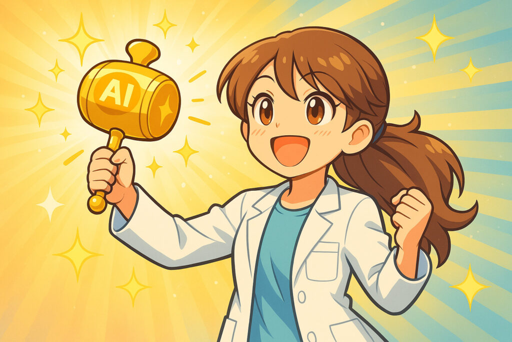 黄金の小槌を高く掲げる女性研究員。AIを活用して記事化し、ブログ復活への希望を象徴するイラスト