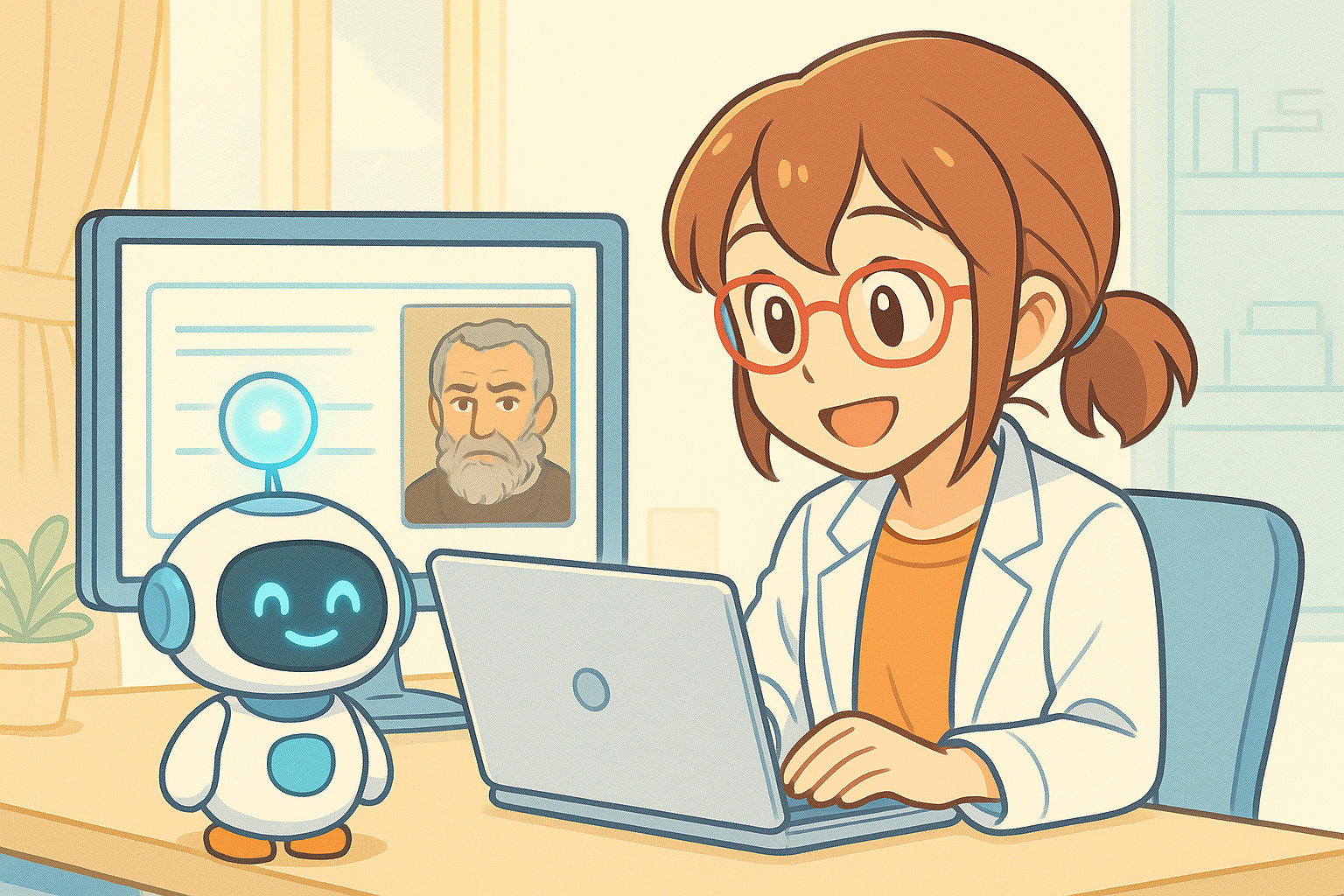 研究員リナとAIロボのユニが、ティントレット記事のデータを分析しているシーン。パステル調のアニメ風。